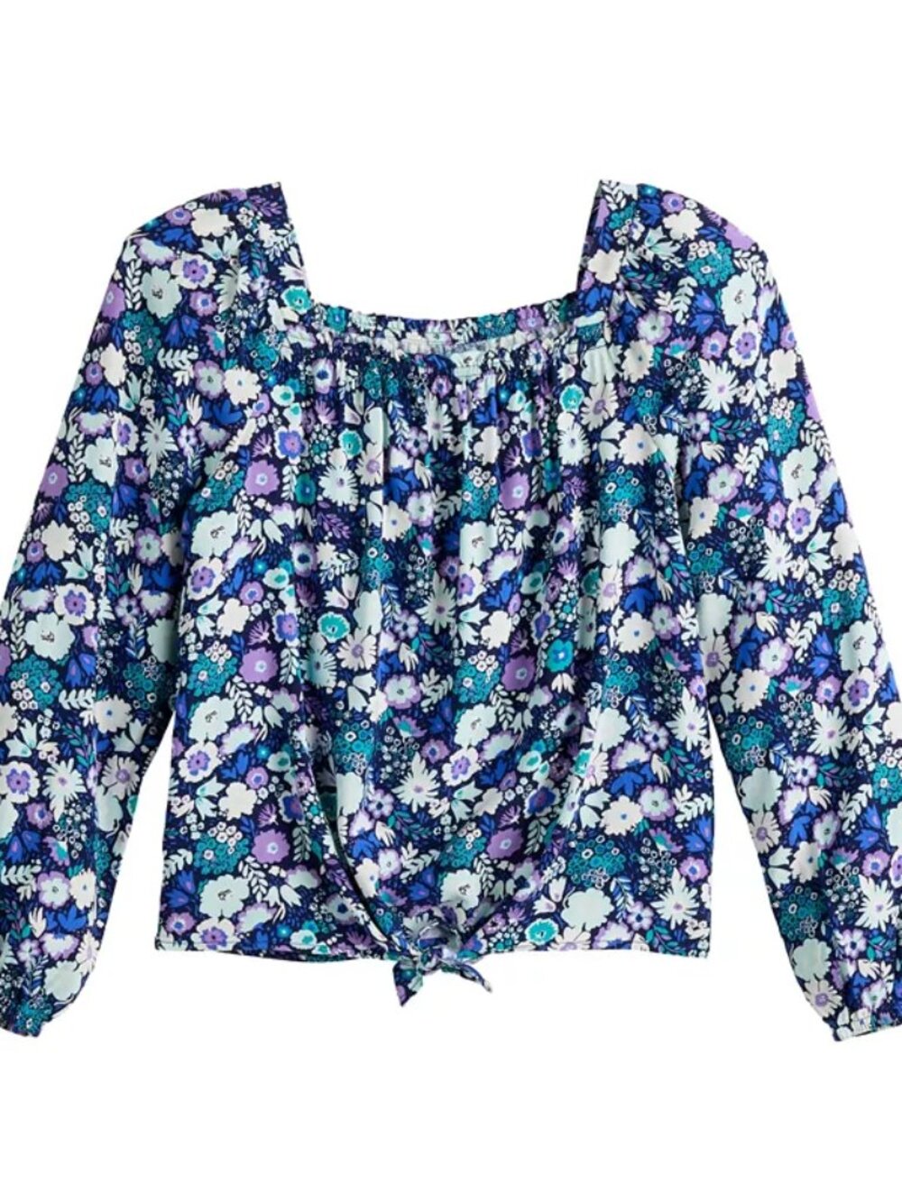 Girl's SO Long Sleeve Square Neck Balloon Sleeve Top - Navy Floral - L - NWOT